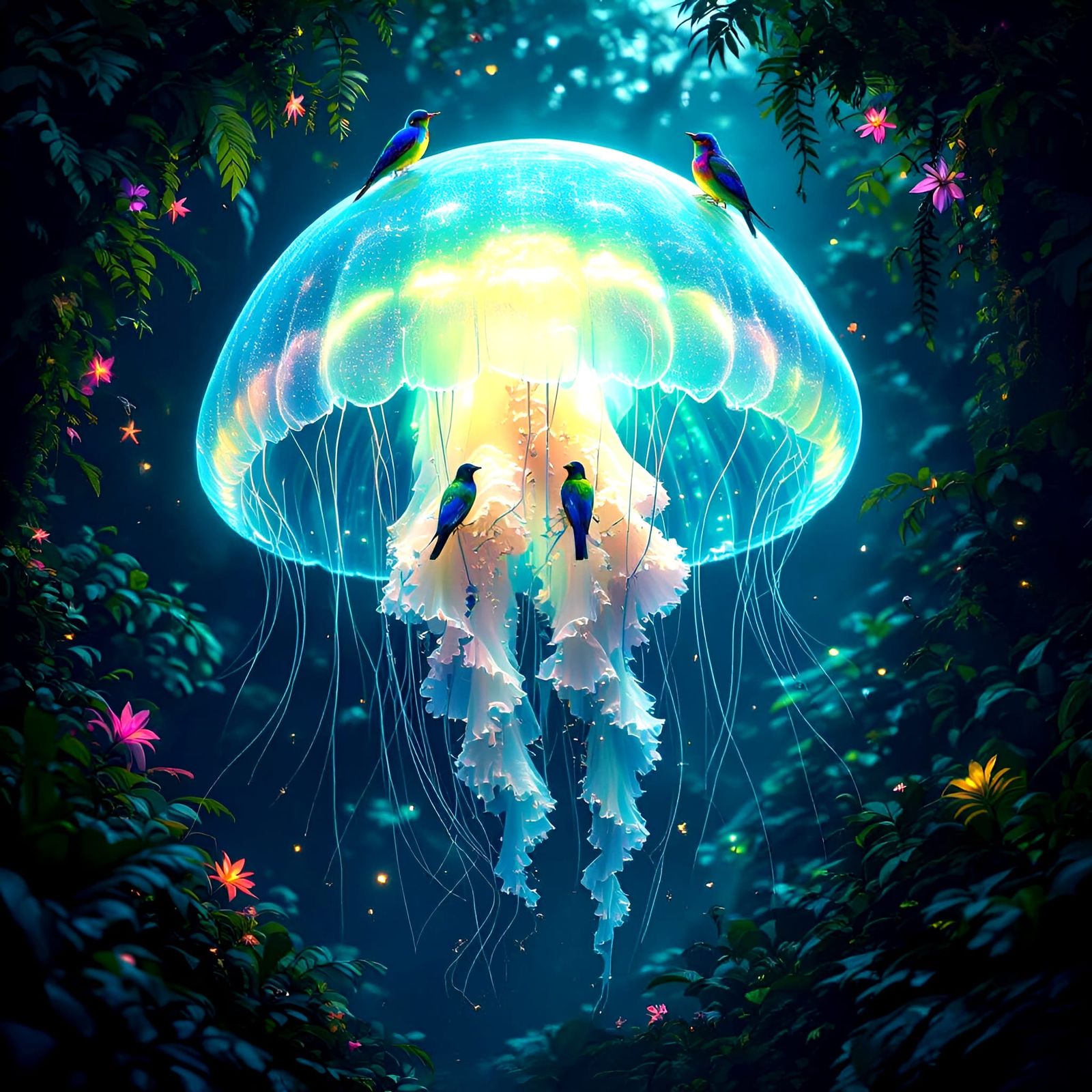 Bioluminescent Jellyfish Drifting Through Alien Jungle