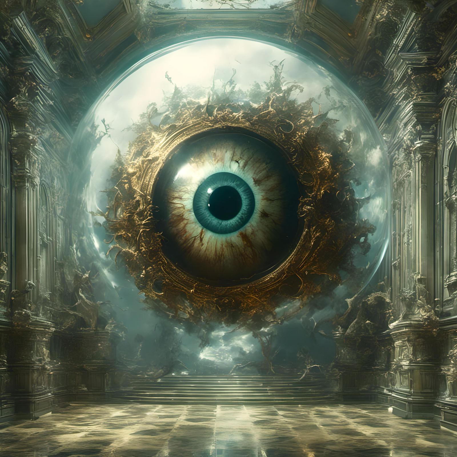 Surreal Floating Eye in Dreamlike Room