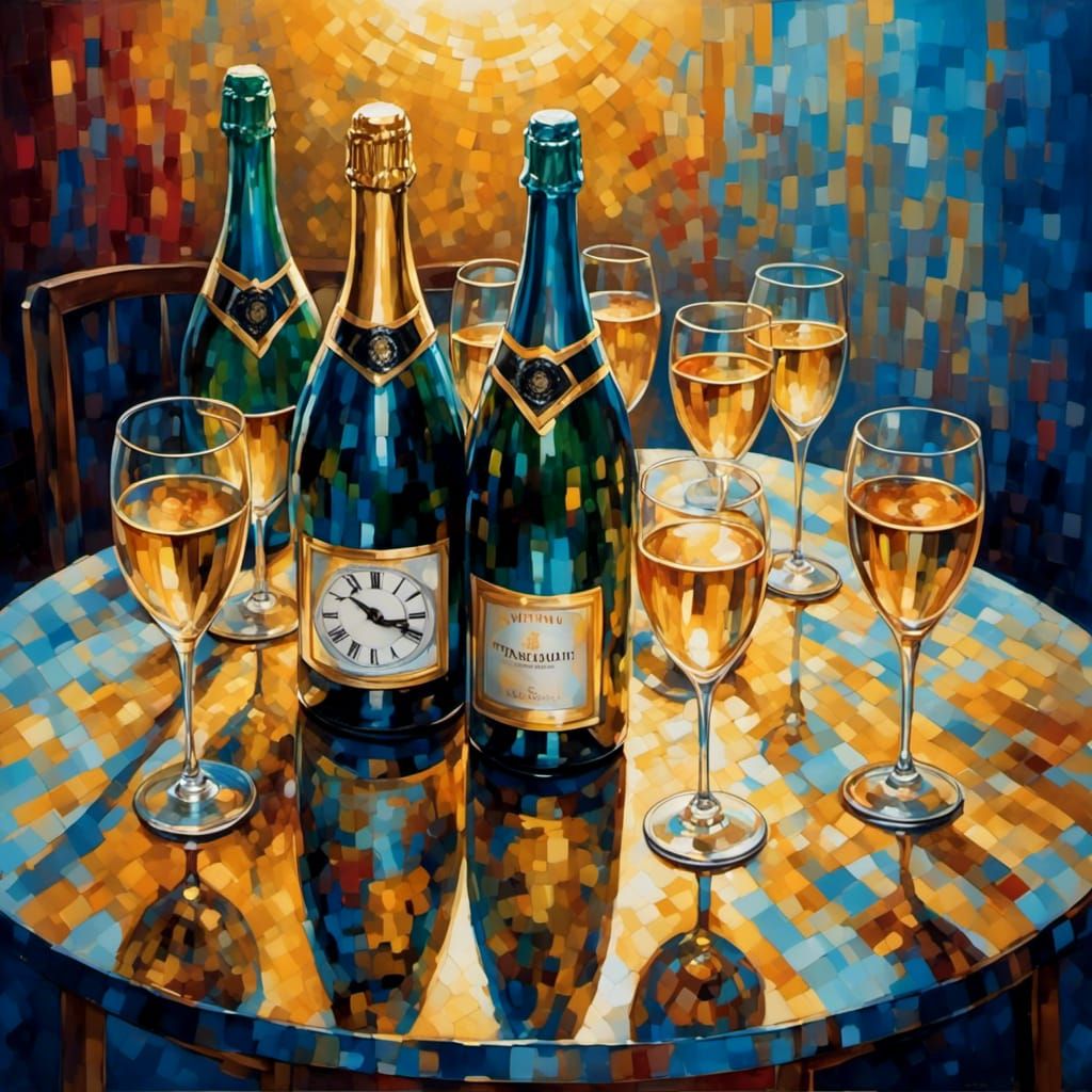 Vivid Champagne Still Life Painting in Nostalgic Style