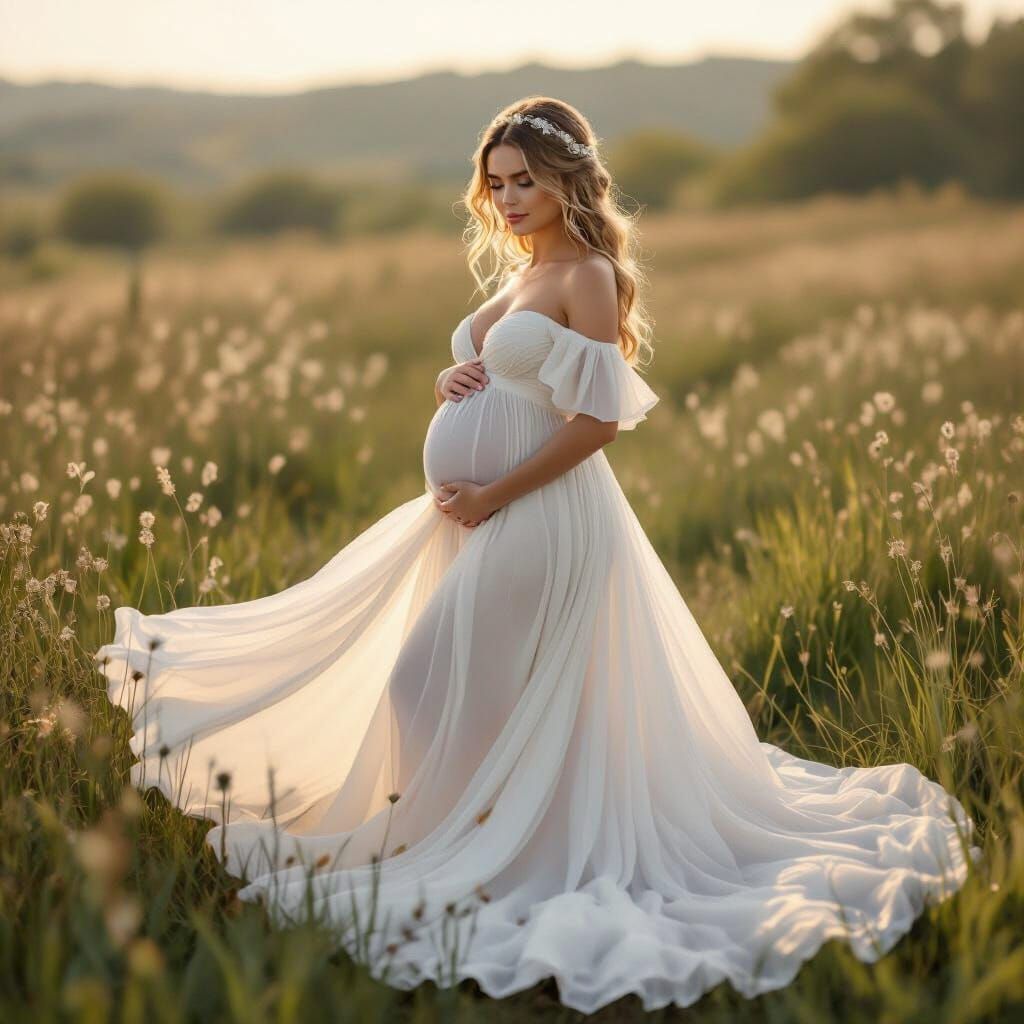 Pregnant Woman in White Gown, Whimsical Art Style