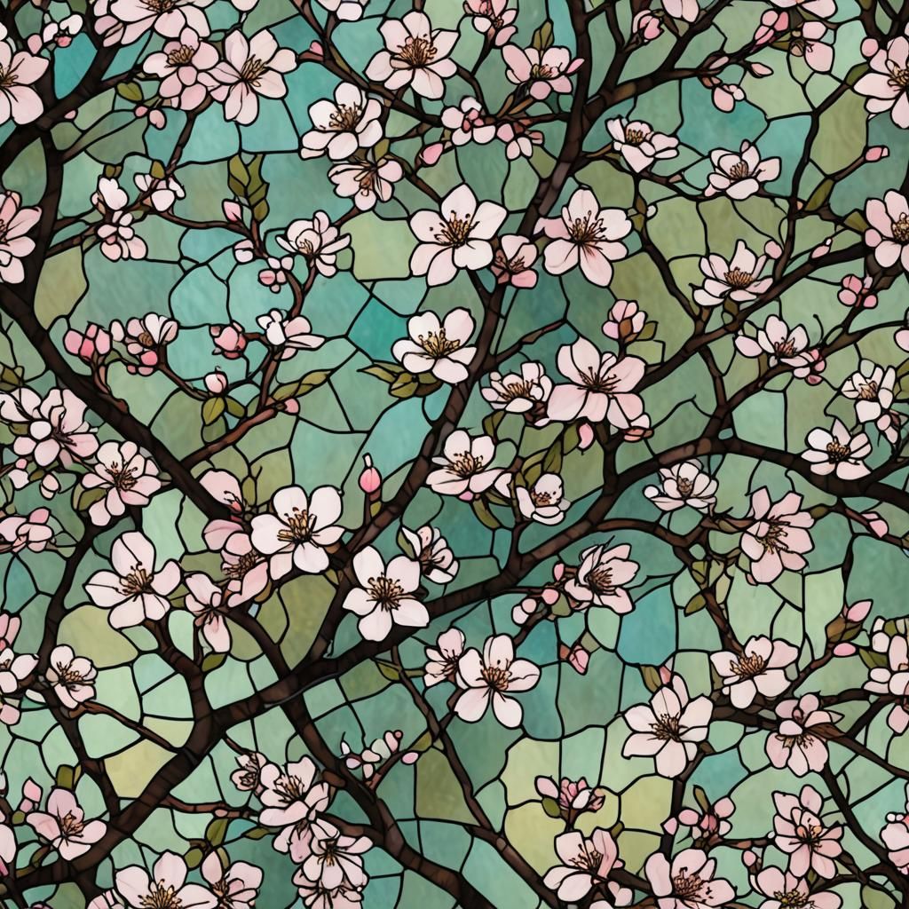 Cathedral with Cherry Blossoms in Stained Glass Style
