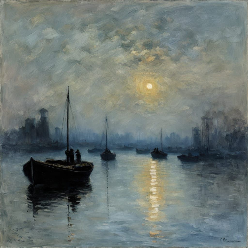Impressionist Thames Barge Painting in Blue Gold and Grey