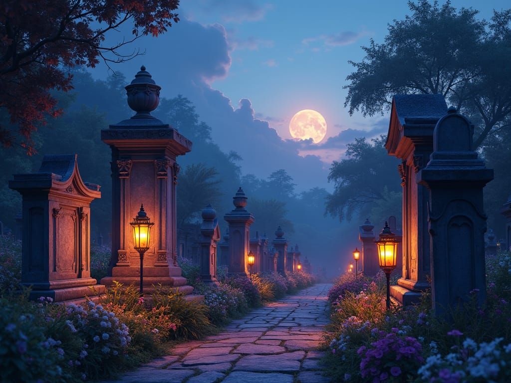 Glowing Lanterns in Cemetery at Dusk