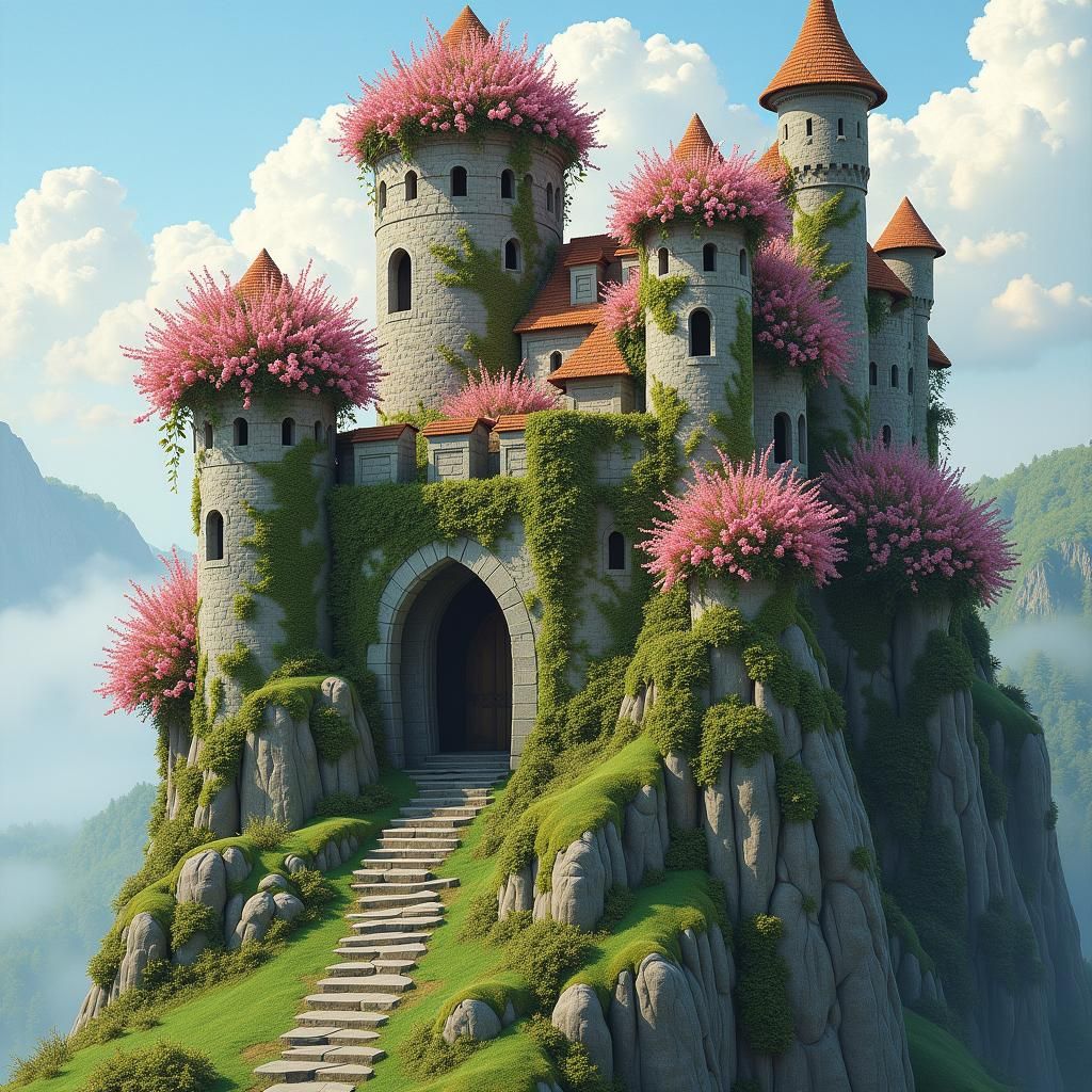Fae Castle on Whimsical Mountain with Roses