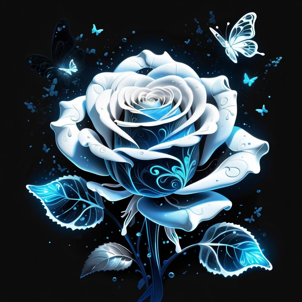 Bioluminescent Rose with Butterflies, 3D Digital Art