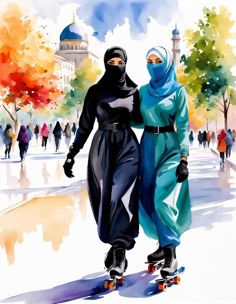 Two Hijabi Women Inline Skating in the City