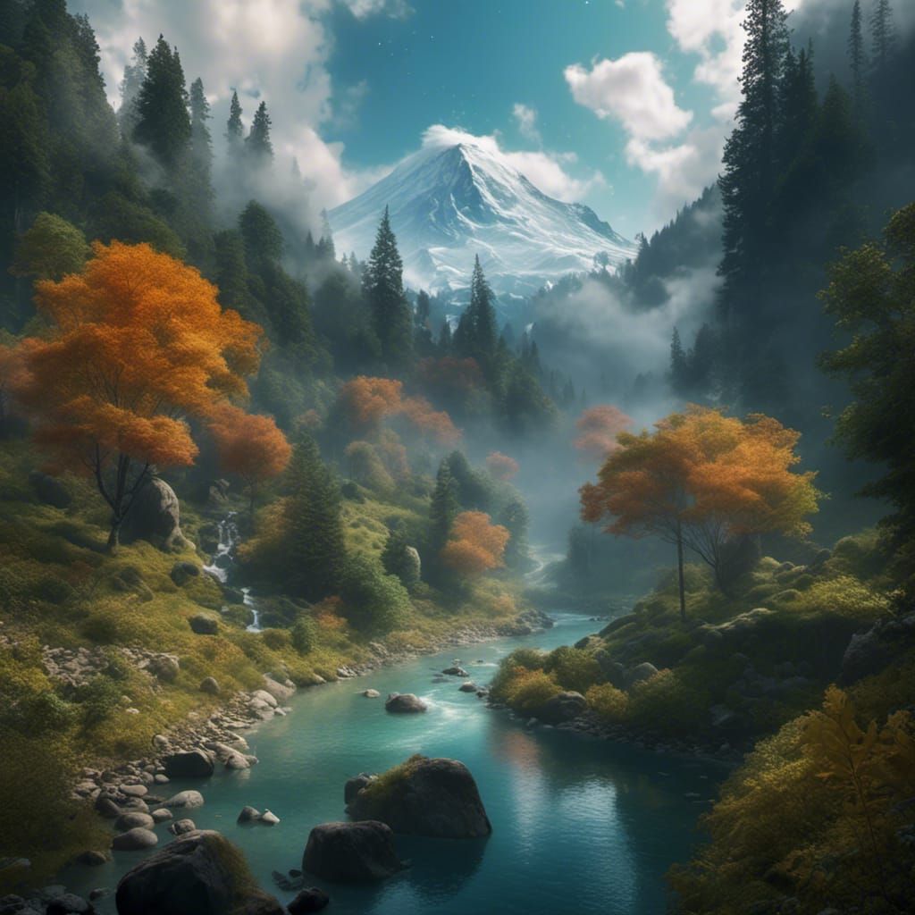 Mount Rainier and Elk in Lush Landscape