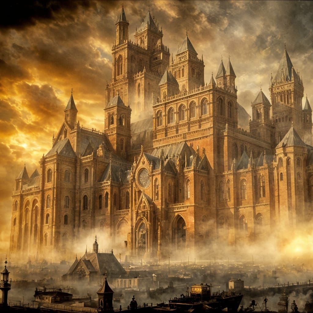 Vast Ancient Structure in Hyper-Textured Oil Painting