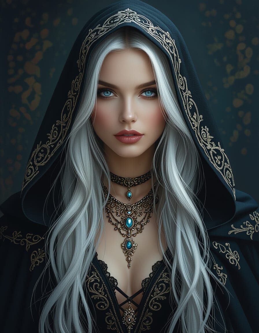 Mysterious Woman with Silver Hair in Fantasy Portrait