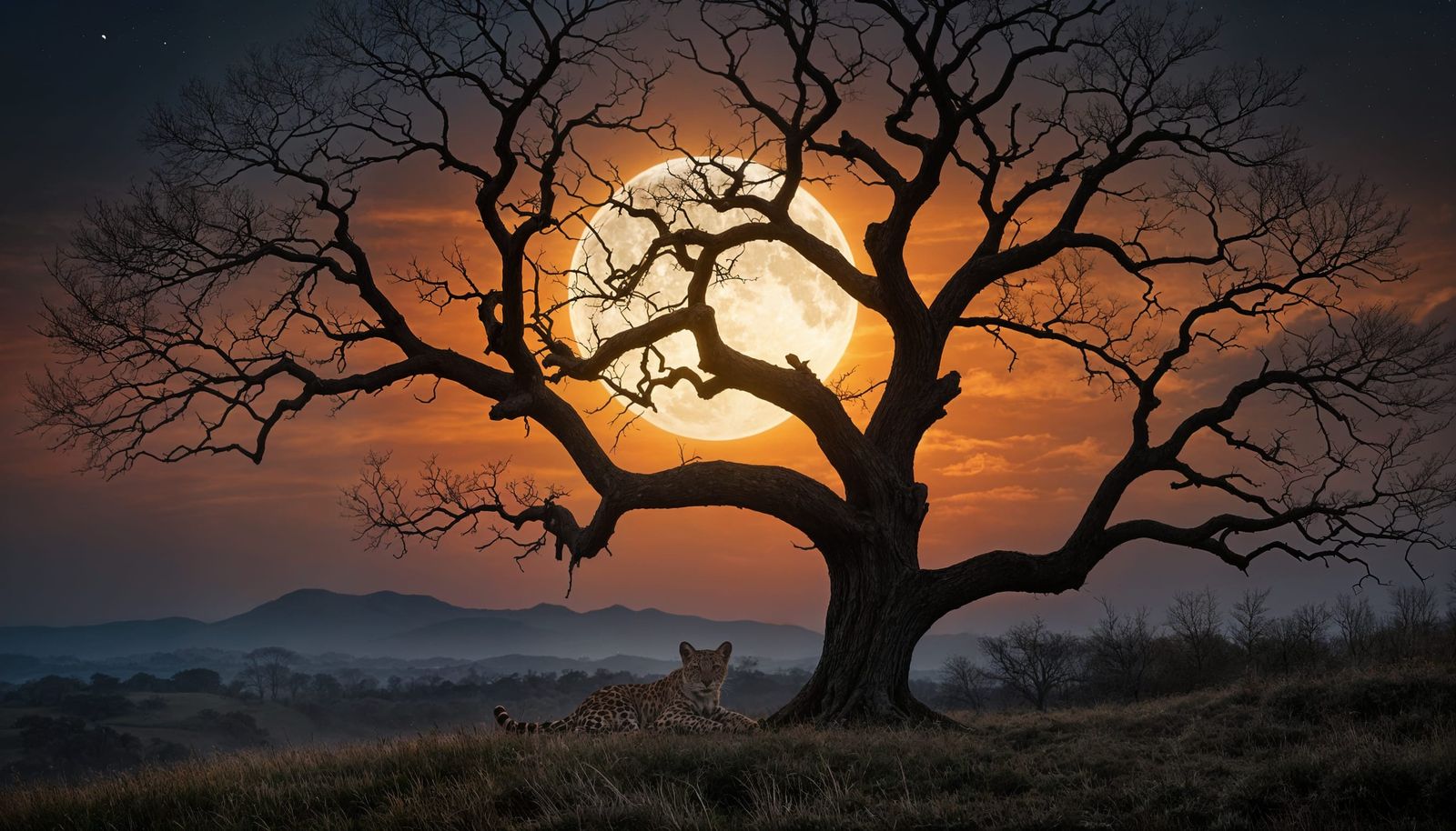 Majestic Oak Tree Silhouetted Under Moonlight