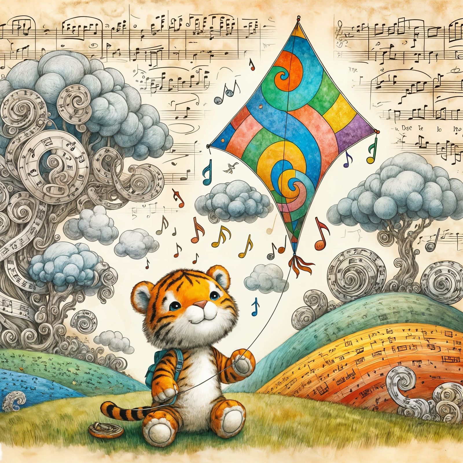 Whimsical Tiger Cub Guides Kite Through Musical Landscape