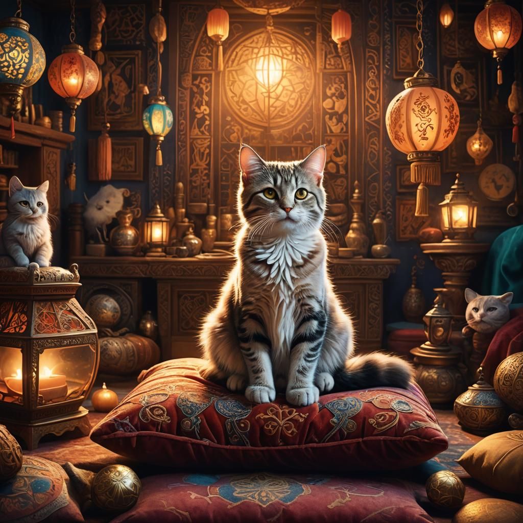 Mystical Baby Cat Matte Painting in Cozy Home