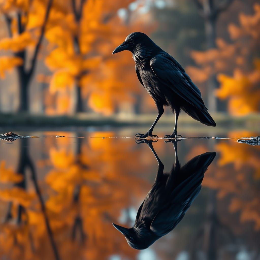 Ethereal Raven Perched on Autumn Puddle in Symmetrical Refle...