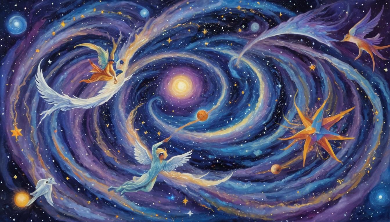 Mystical Creatures Soaring Through a Galactic Star