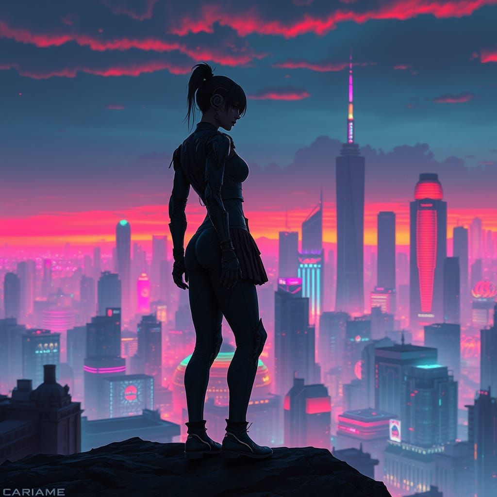 Cyborg Silhouette Against Neon Cityscape