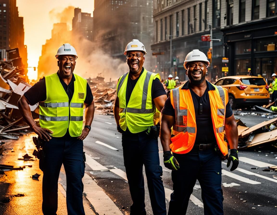 Cheerful Workers Clear Wreckage at Sunset