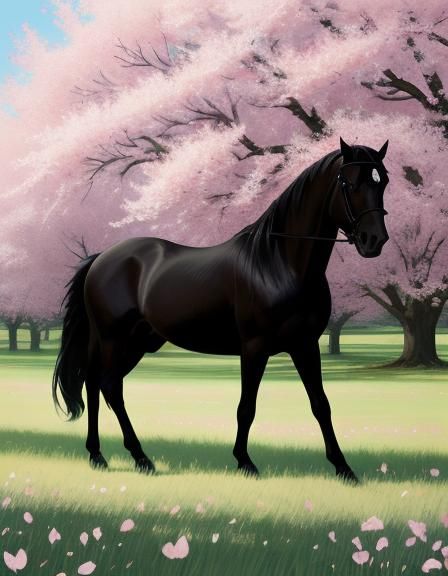 Black Horse Under Cherry Tree in Impressionist Style