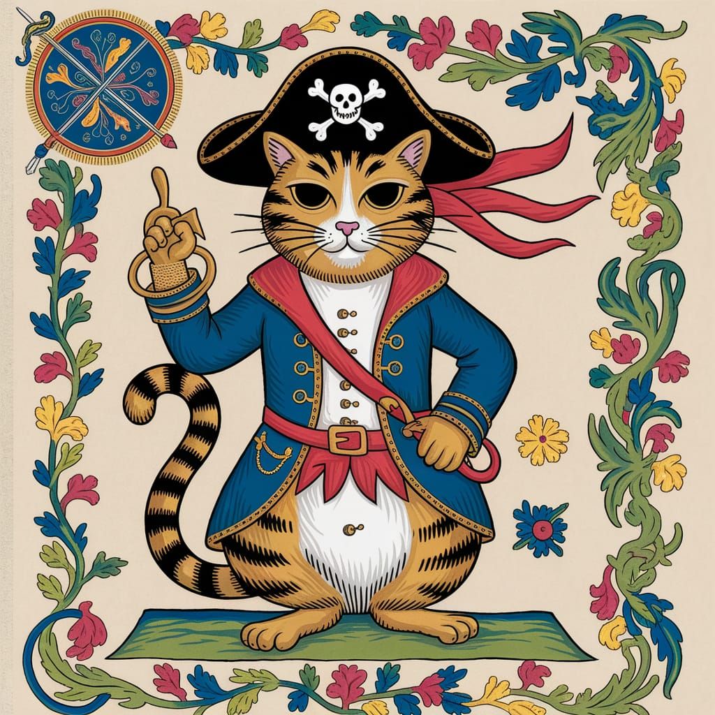Pirate Cat in Medieval Manuscript Style