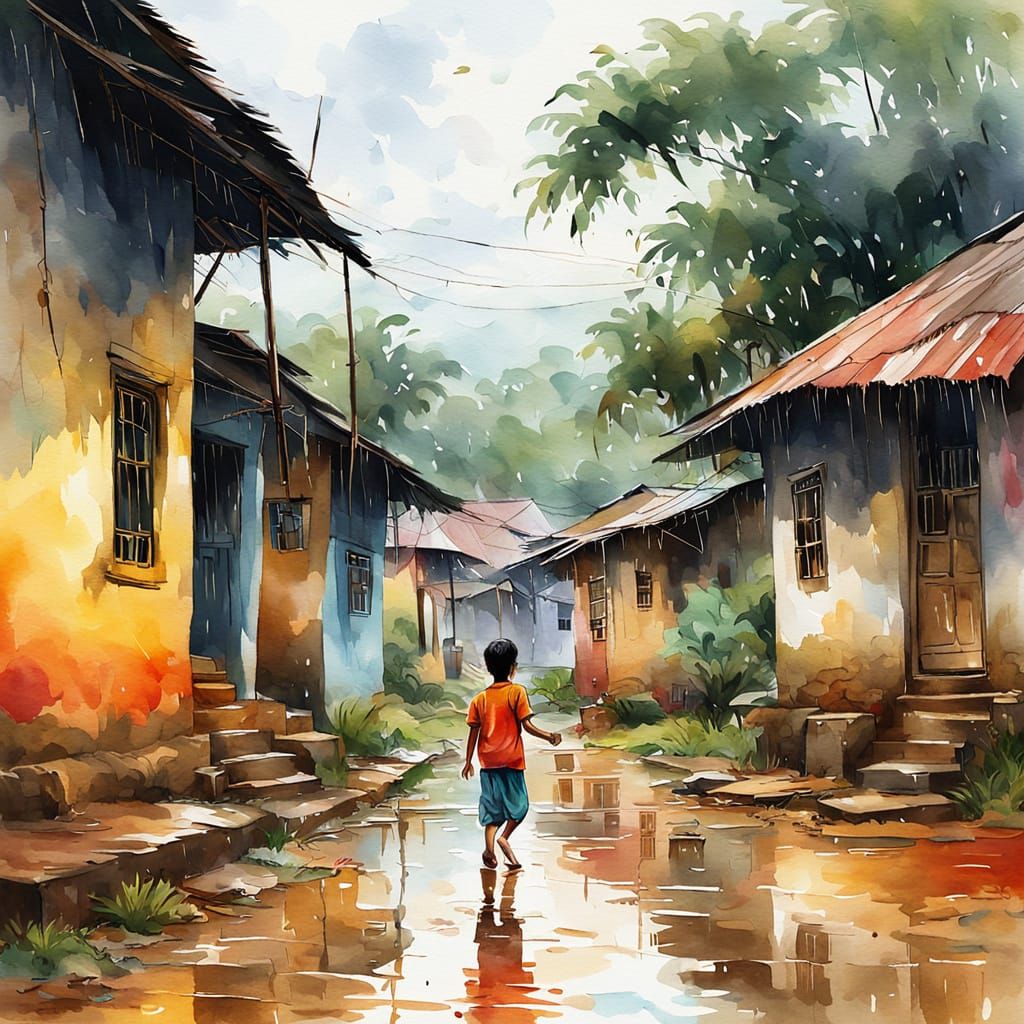 Monsoon Scene in Bangladeshi Village in Watercolor