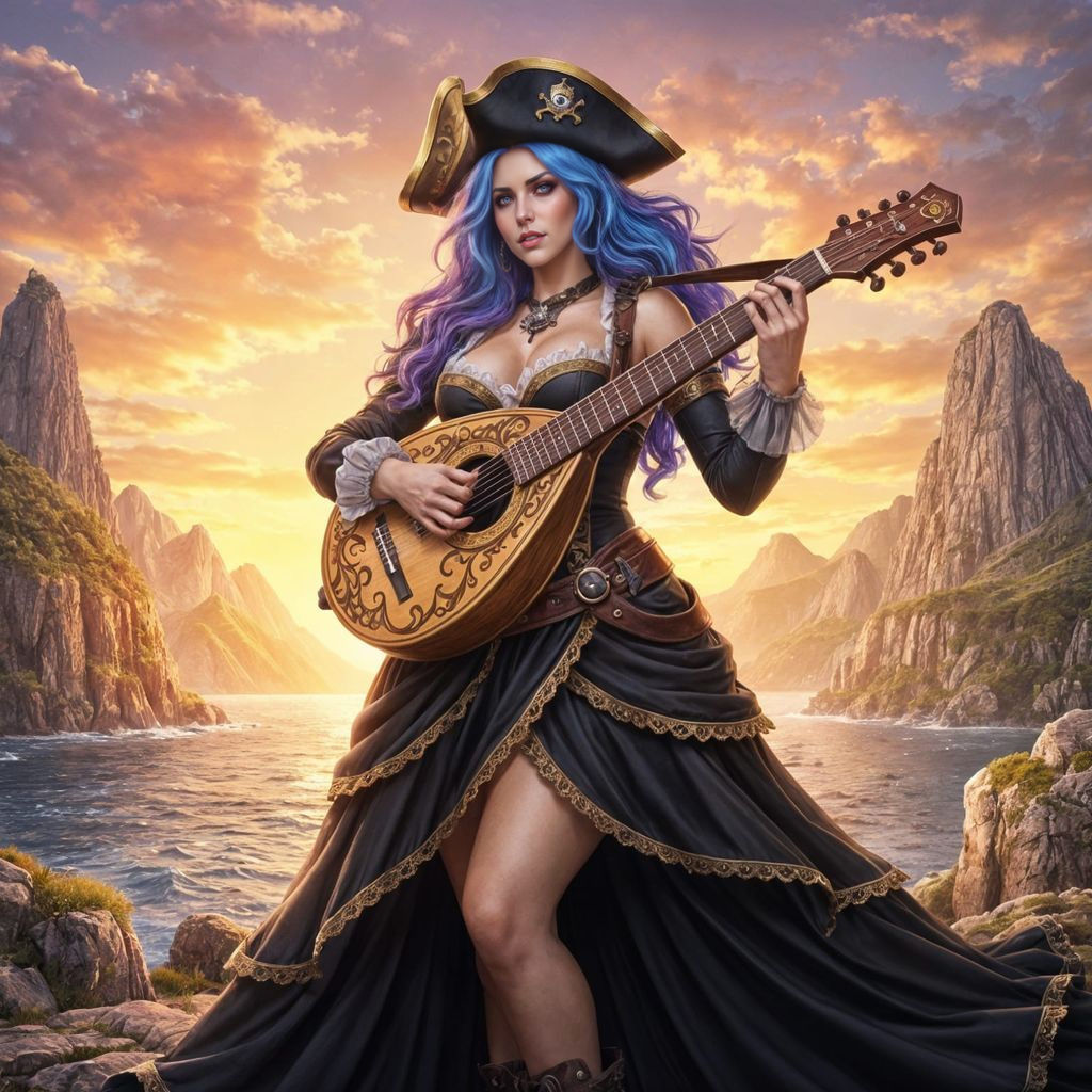 Epic Female Pirate Bard with Colorful Hair