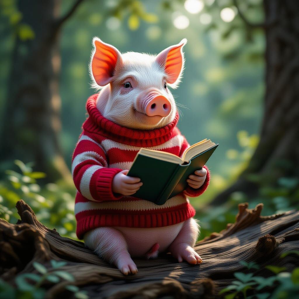 Photorealistic Pot-Bellied Pig Reads Book in Forest