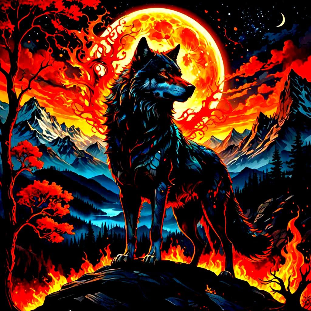 Fiery Wolf with Moon and Mountain, Fantasy Concept Art