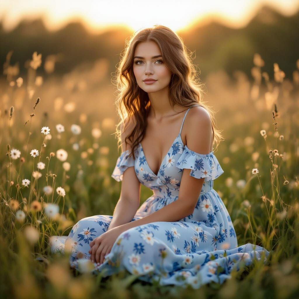 Serene Woman in Blue Summer Dress Kneeling in Golden Light