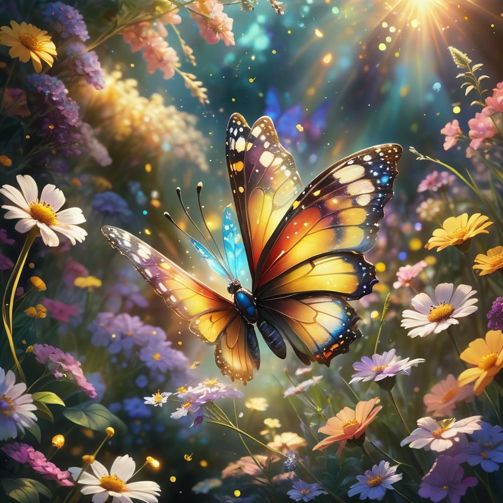 Magical Butterfly in Whimsical Garden: Digital Matte Paintin...