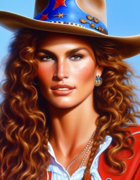 Cowgirl Cindy Crawford with Curly Hair, Impressionist Portra...