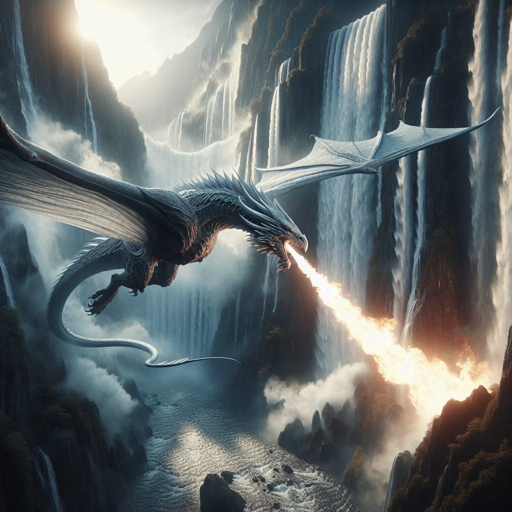 Silver Dragon Breathing Fire Through Waterfall