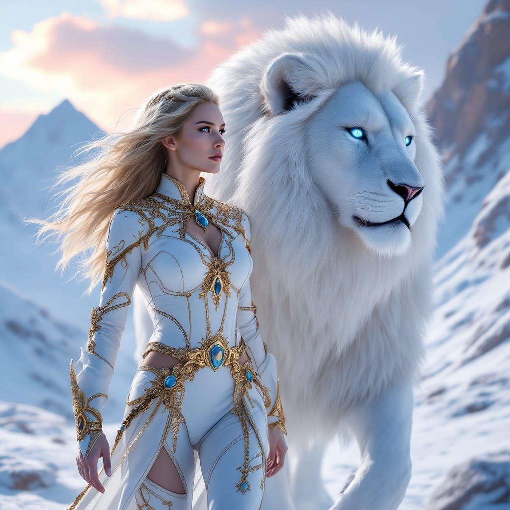 Elegant Warrior Walks Beside Majestic White Lion in Winter W...
