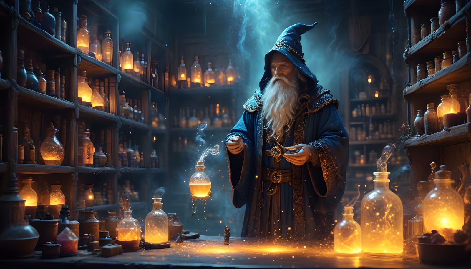 Enchanted Wizard's Lair with Radiant Potions
