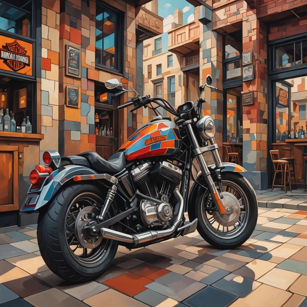 Neo-Cubist Harley Davidson Motorcycle Art Deco Painting