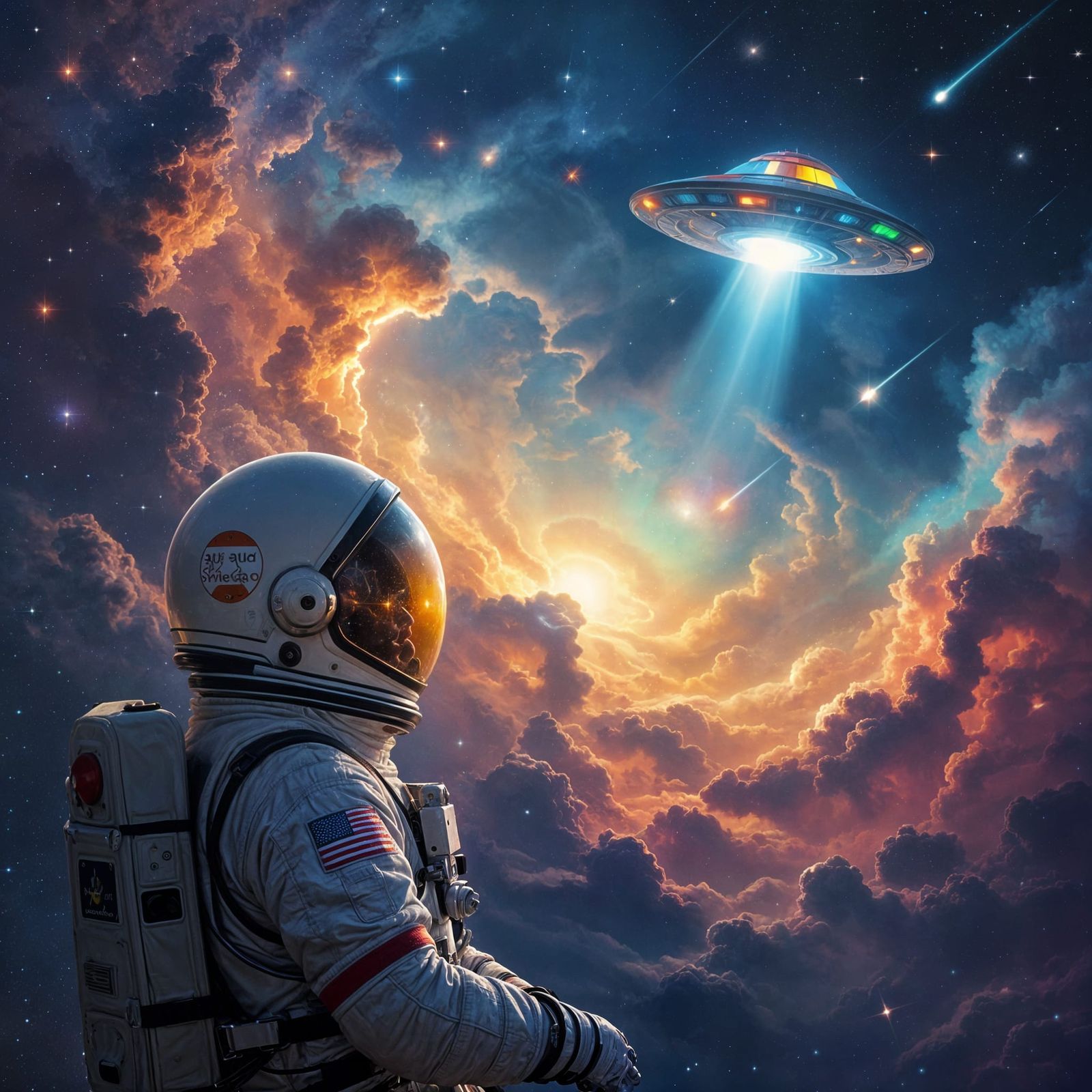 Astronaut Views Cosmic Nebula with UFO and Shooting Stars