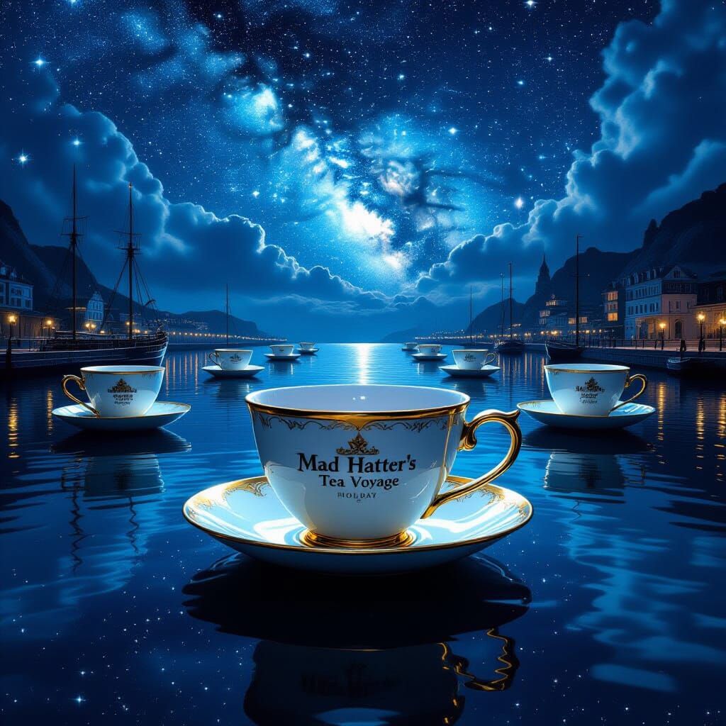 Mad Hatter's Surreal Tea Voyage in Starry Harbor
