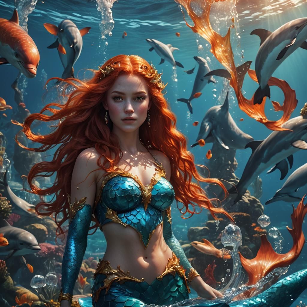 Red-Haired Mermaid Goddess in Crystal Blue Ocean