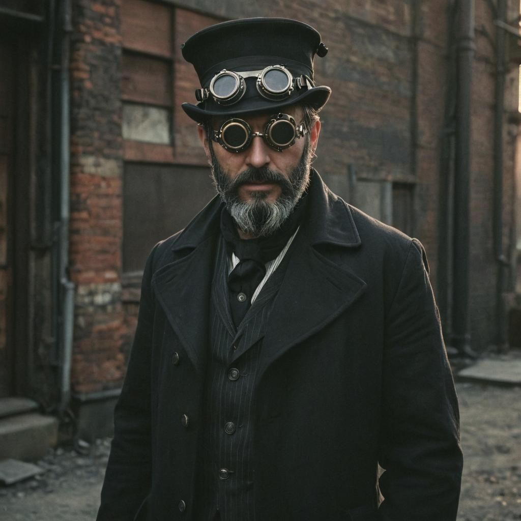Steampunk Man in Industrial Setting with Golden Light