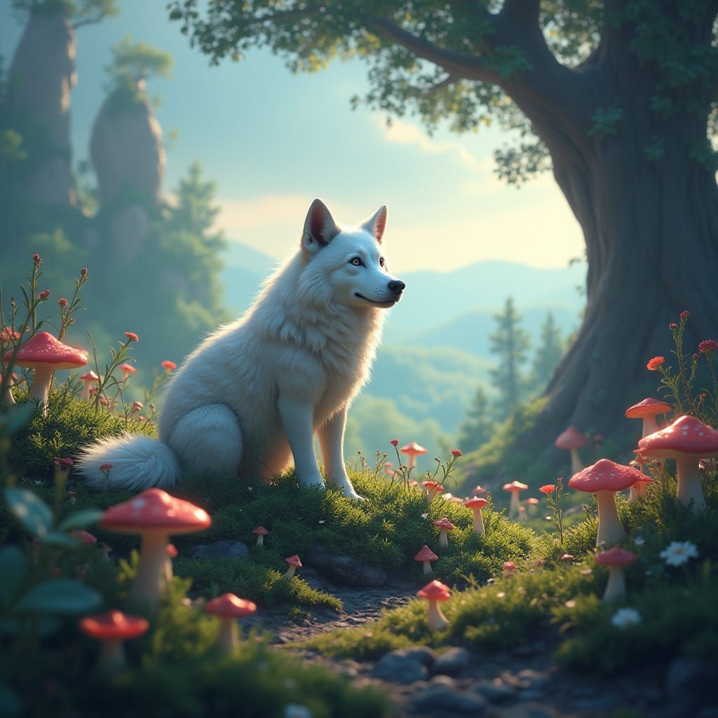 Whimsical Wolf in Enchanted Landscape