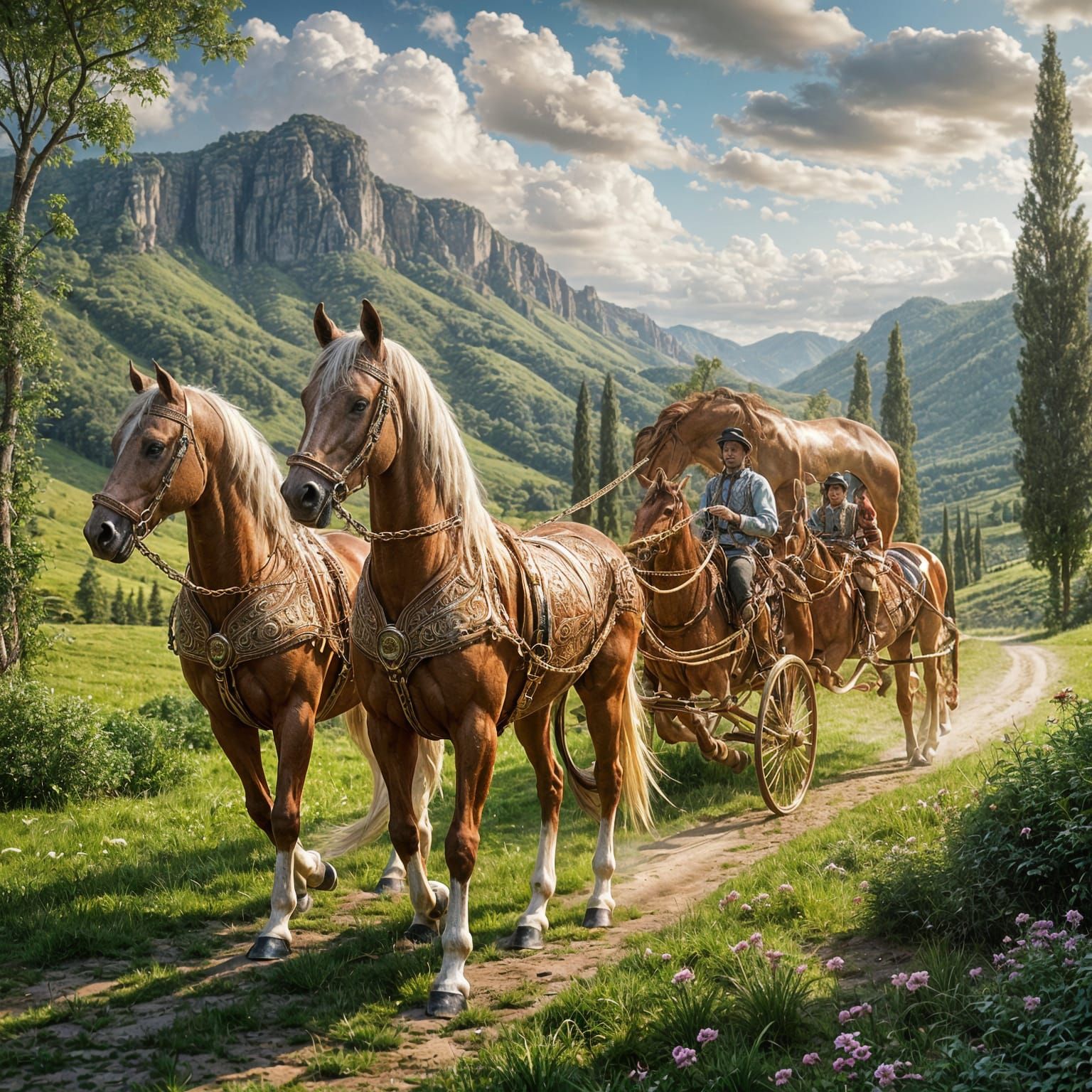 Majestic Horses Pulling Carriage in Romantic Style
