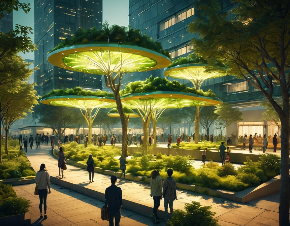 Biopunk Park: Bioluminescent Trees in Future City