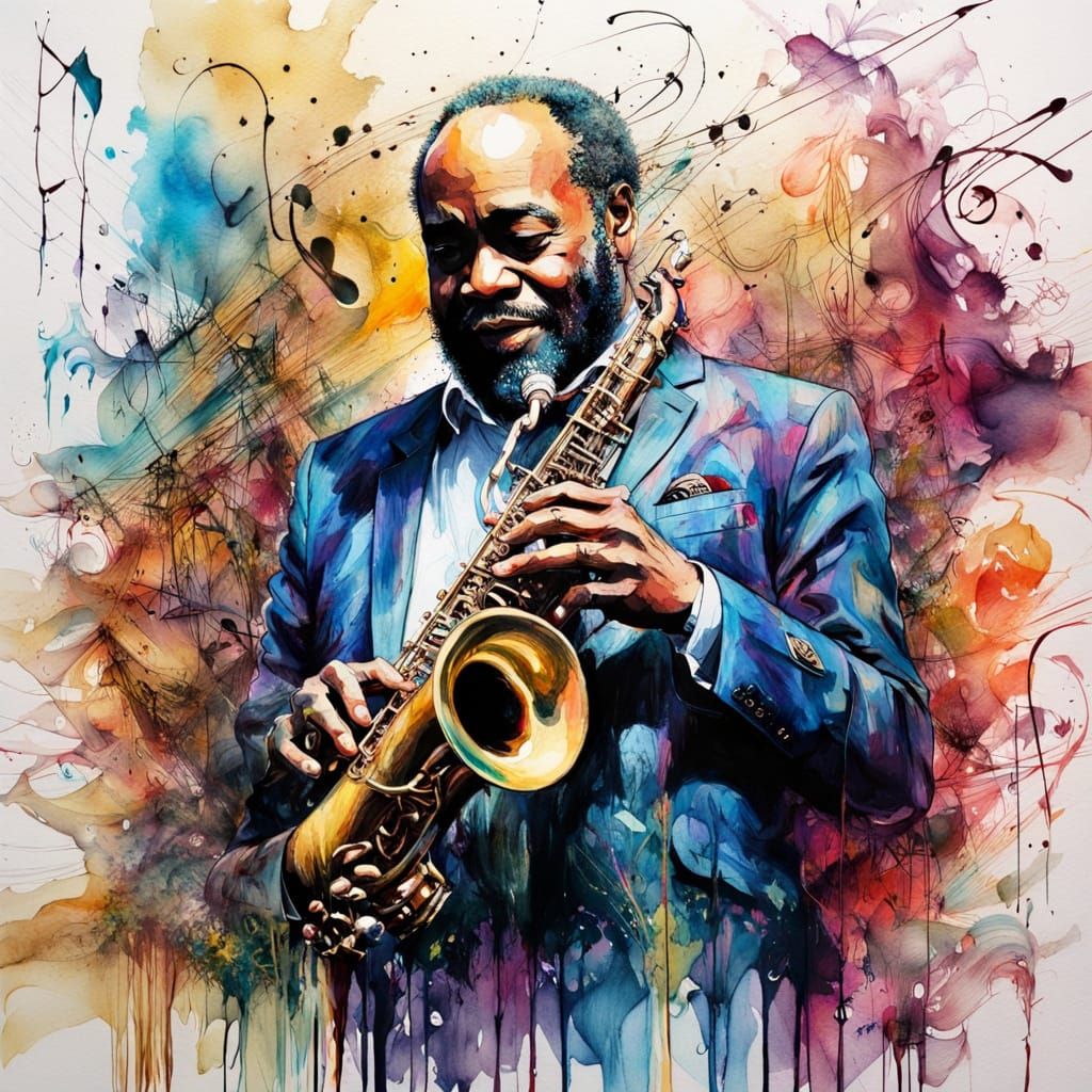 Surreal Saxophone Serenade in Whimsical Ink and Watercolor