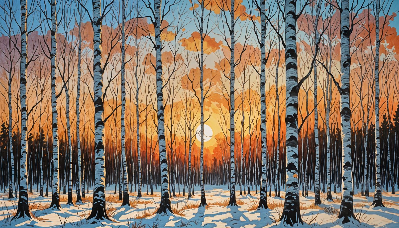 Winter Sunset Over Birch Forest in Impressionist Style