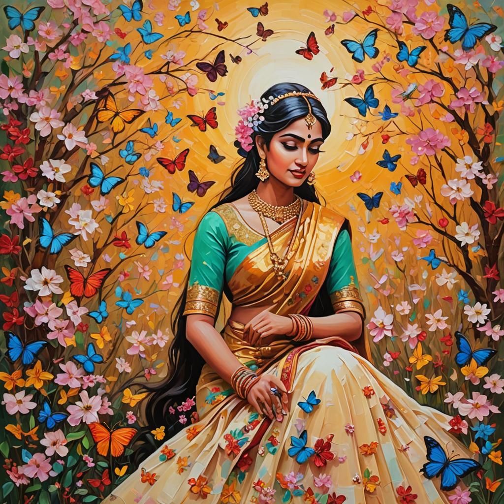 Indian Woman with Butterflies: Neo-Impressionist Oil Paintin...