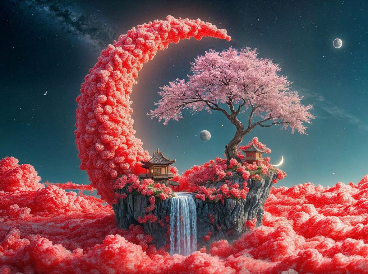 Glowing Crescent Moon Holds Miniature Chinese Village in Spa...