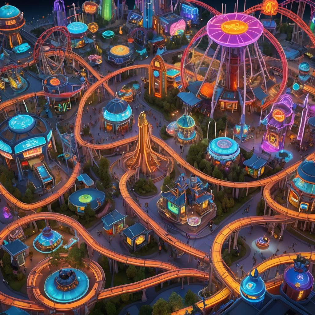 Futuristic Theme Park with Neon Lights in 3D Style