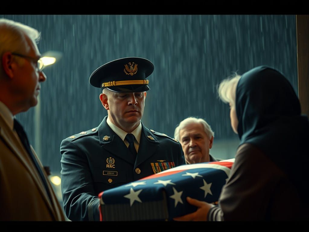 Sorrowful Officer Presents Flag Case in Torrential Downpour