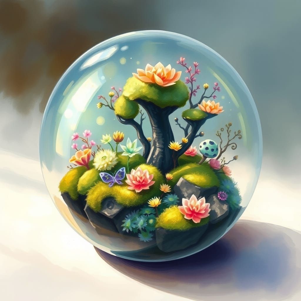 Enchanted Indoor Garden in Glass Orb Watercolor Painting