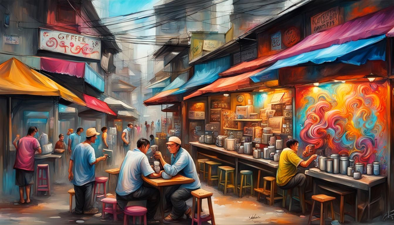 Fantasy Thailand Cafe Scene in Graffiti Art Style