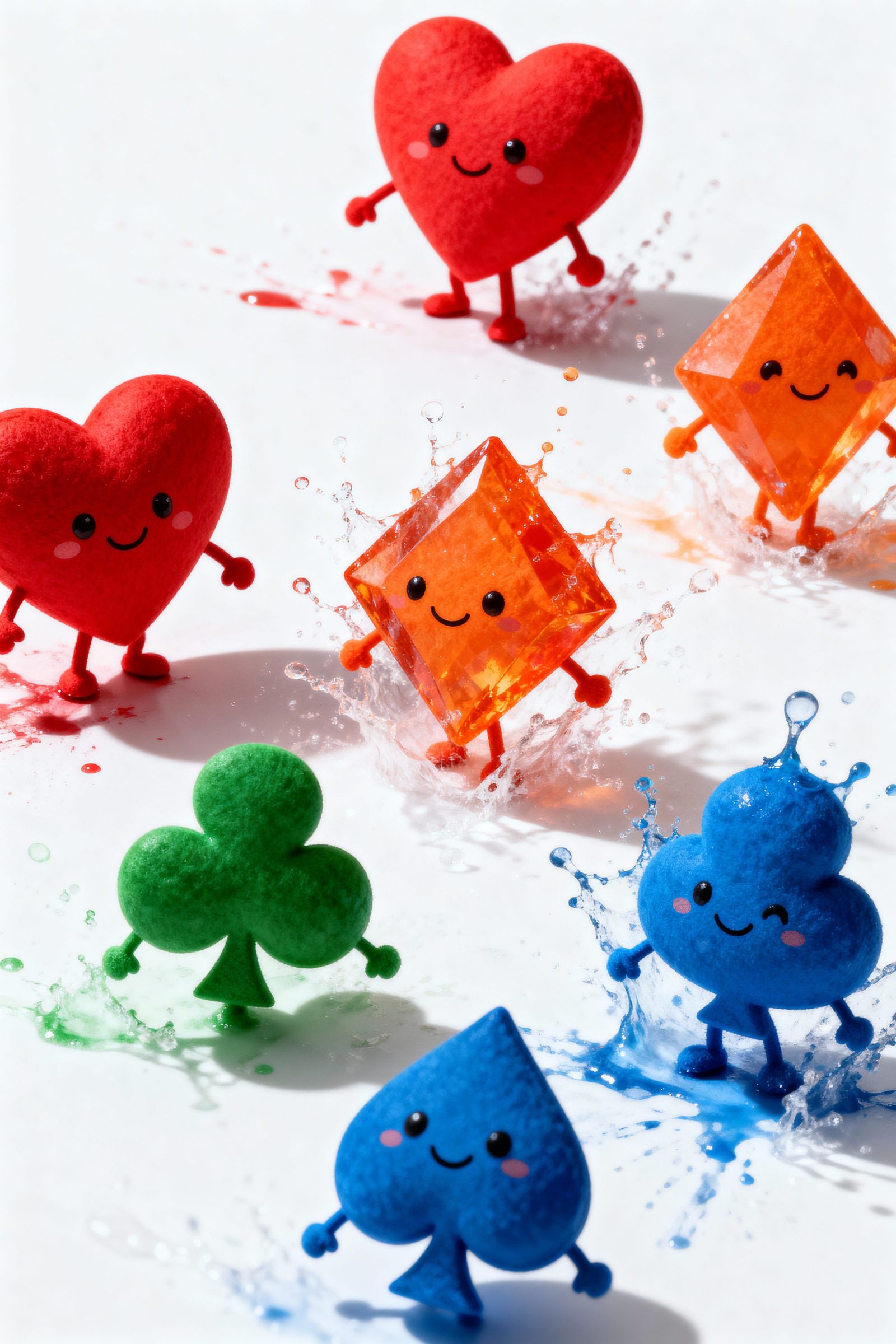 Cute Heart, Diamond, Club, Spade Creatures on White Backgrou...