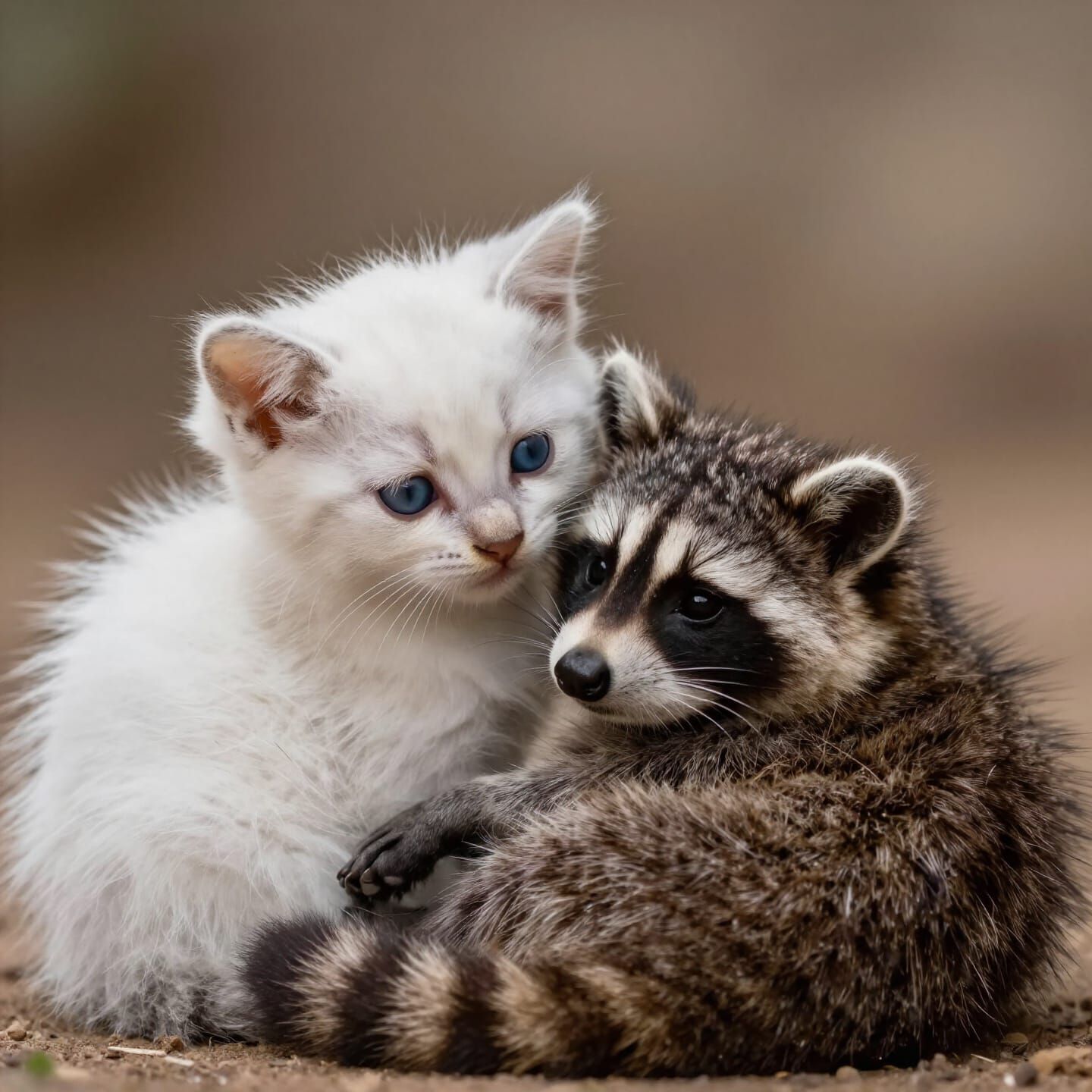 Adorable Baby Kitten and Raccoon Cuddle